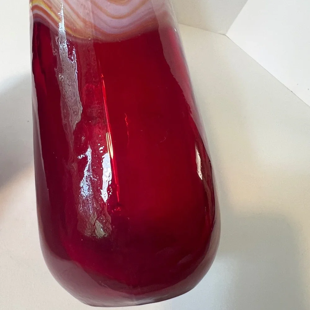 Red Hand Blown Art Glass Vase Long Neck Swirl Pattern Agate Style Decor 12